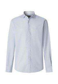 Světle modrá košile s dlouhými rukávy na knoflíky, klasickým límečkem a jemným strukturovaným vzorem, s knoflíky vpředu a značkovou vnitřní etiketu na krku.