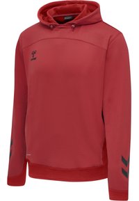 Rode hoodie met lange mouwen, gemaakt van zachte stof, met een trekkoordkap, een textuurpatroon op de schouders en zwarte accenten op de mouwen.