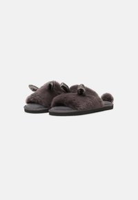 Black fur slippers with rounded toe design, featuring prominent ears and accents. Soft texture with a flat, supportive sole.
