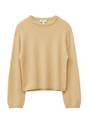 Helle beige, kurz geschnittene Sweater mit rundem Halsausschnitt, langen Ärmeln, geripptem Saum und weicher Textur. Perfekt zum Schichten bei kühlerem Wetter.