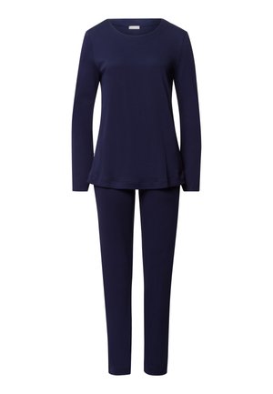 Conjunto de ropa de lounge azul marino que incluye una blusa de manga larga con cuello redondo y pantalones a juego, fabricado en un suave tejido texturizado.