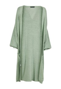 Ljust grön stickad cardigan med lös passform, breda ärmar och fickor; texturerat tyg med v-ringad design.