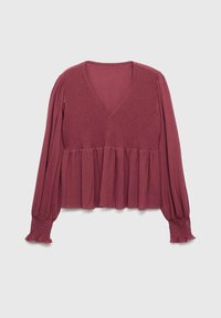 Langärmlige mauve Bluse mit V-Ausschnitt, gerafftem Oberteil, gerafftem Bund und rüschendetails an den gesmokten Ärmeln.