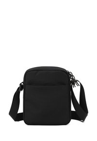 Borsa a tracolla nera realizzata in nylon testurizzato, con apertura superiore a zip, tasca frontale e tracolla regolabile. Forma quadrata con design minimalista.