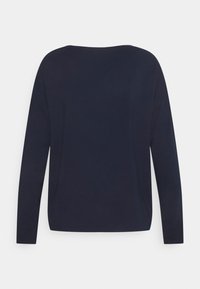 Námořnická modrá blúzka s dlouhým rukávem a kulatým výstřihem, vyrobená z hladké tkaniny, s volným střihem a minimalistickým designem.