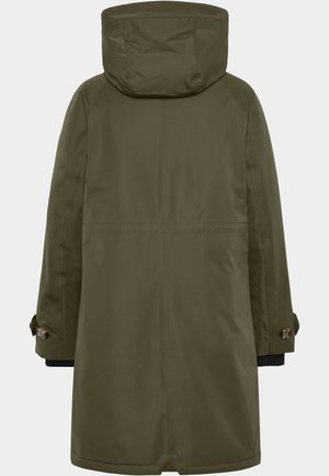 Olivgrüne Parka mit Kapuze, ausgestattet mit einer glatten, wasserdichten Außenseite, zwei seitlichen Knopfentaschen und verstellbaren Bündchen. Rückansicht.
