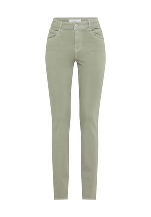 Schmal geschnittene Hose aus leichtem Baumwollmix in Hellgrün, mit Knopfverschluss, vorderen Taschen und glatter Oberfläche, ideal für lässige Anlässe.