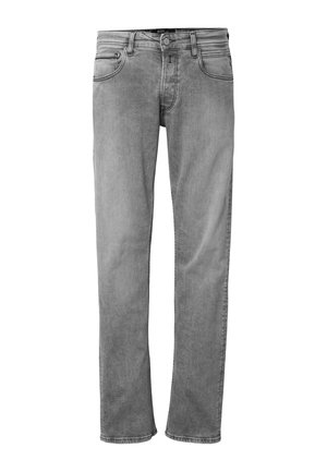 Grå straight-leg denim jeans med forlommer og møntlomme, knaplukning og bæltestropper, vist mod en hvid baggrund.