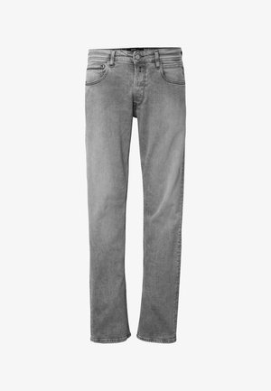 Grå straight-leg denim jeans med forlommer og møntlomme, knaplukning og bæltestropper, vist mod en hvid baggrund.
