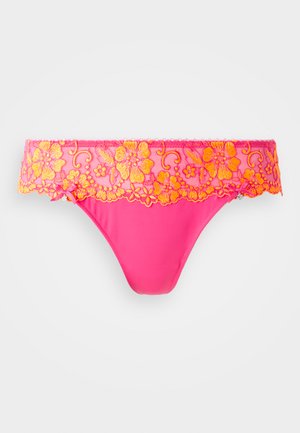 Pink thong with lace trim featuring floral embroidery in vibrant orange. Smooth fabric with delicate detailing and a small bow accent.