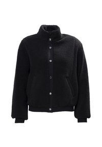 Giacca in fleece nera con colletto alto, chiusura con bottoni a pressione, due tasche laterali e polsini e orlo a costine. Tessuto morbido e strutturato, design casual.