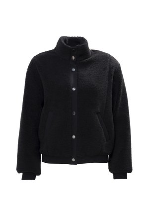 Chaqueta de forro polar negra con cuello alto, cierre de botones a presión, dos bolsillos laterales y puños y dobladillo acanalados. Tejido suave y texturizado, diseño informal.