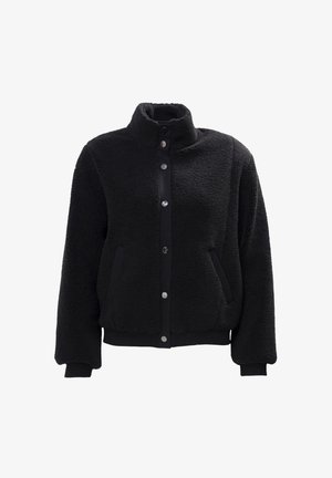 Zwarte fleecejas met hoge kraag, drukknopen sluiting, twee zijzakken en geribbelde manchetten en zoom. Zacht, een textuurvriendelijke stof, casual ontwerp.