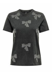 Camiseta de algodón gris oscuro con mangas cortas, que presenta diseños de lazo de strass plateado repartidos por toda la tela. Cuello clásico de tipo crew.