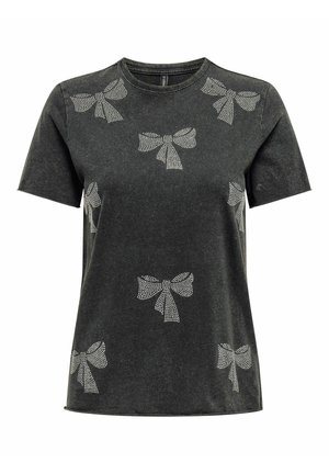 Camiseta de algodón gris oscuro con mangas cortas, que presenta diseños de lazo de strass plateado repartidos por toda la tela. Cuello clásico de tipo crew.