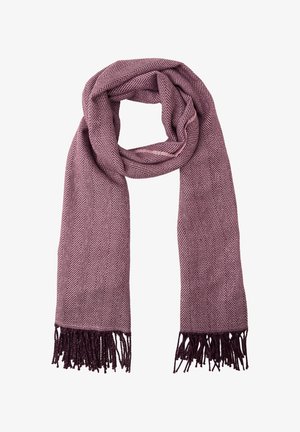 Šála se vzorem rybí kosti v tmavě růžových a světle růžových tónech, s třásněmi na koncích a jemnou texturou.