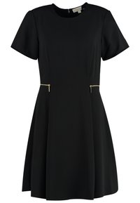Robe noire manches courtes ligne A, col rond avec deux petits détails de fermeture éclair dorée à la taille.