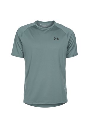 Herre kortærmet sportst-shirt i afdæmpet blågrå med rund hals og lille sort Under Armour-logo på venstre bryst.