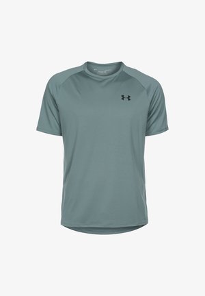 Herren Sports-T-Shirt mit kurzen Ärmeln in gedämpftem Blau-Grau, Rundhalsausschnitt und kleinem schwarzem Under Armour-Logo auf der linken Brust.