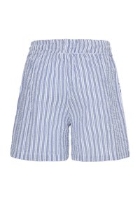 Shorts légers à rayures verticales bleues et blanches avec une ceinture élastique, des poches avant et une coupe décontractée.