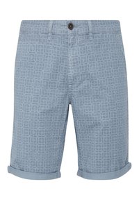 Shorts de culoare albastru deschis, realizate dintr-un material cu un model geometric. Caracteristici includ închidere cu buton, bucle pentru curea și tivuri rulate.
