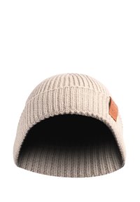 Knit beanie in light beige, featuring a ribbed texture and a leather logo patch, with an open top and rounded shape.