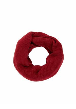 Pehmeä, ribbikuvioitu neulottu infinity-huivi syvänpunaisena, aseteltuna ympyrän muotoon valkoisella taustalla.