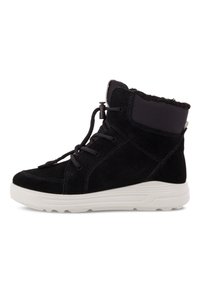 Stivali alla caviglia in suede nero con suola in gomma bianca, dotati di colletto imbottito, chiusura con lacci e superficie texturizzata.