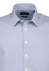 Camicia azzurra con pattern a pois, taglio moderno, con colletto appuntito e bottoni bianchi, realizzata in tessuto di cotone intrecciato.