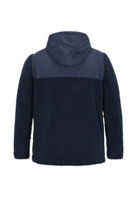 Marineblå fleece-pullover med en blød, struktureret krop og glatte, vandafvisende skulder- og hættepaneler. Har lange ærmer og en afslappet pasform.