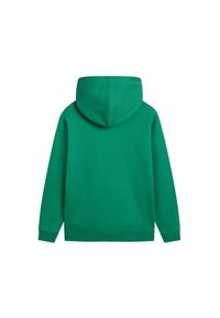 Sudadera verde con capucha grande, puños acanalados y dobladillo recto. Hecha de material de algodón suave, con un color sólido sin patrones.