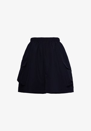 Sorte cargoshorts med elastisk talje og to store klaplommer på hver side, vist på en hvid baggrund.