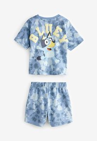 Blue cotton short-sleeve pajama set featuring a tie-dye pattern in light blue tones and a printed character with "BLUEY" text.