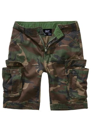 Kamouflage cargo-shorts med frontlynlås, knaplukning, to store sidelommer med knapklapper og grøn inderlinning ved taljen.