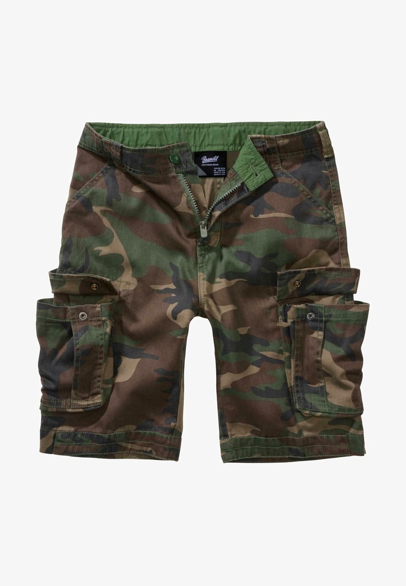Shorts cargo camouflage avec fermeture éclair à l'avant, bouton, deux grandes poches latérales avec rabats à boutons, et doublure intérieure de ceinture verte.