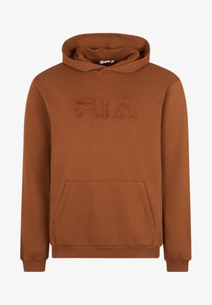 Bruine hoodie van zacht stof, met een centraal geborduurd FILA-logo, een kangoeroezak en geribbelde boorden en zoom.