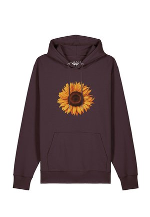 Dark brown hoodie with a large bright yellow sunflower graphic on the chest and front kangaroo pocket.
