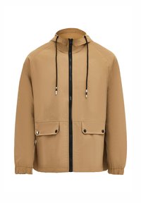 Tan lightweight jacket with hood, featuring black zipper, two front pockets, and elastic cuffs for a snug fit. Smooth texture and minimalist design.
