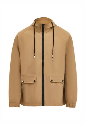 Tan lightweight jacket with hood, featuring black zipper, two front pockets, and elastic cuffs for a snug fit. Smooth texture and minimalist design.