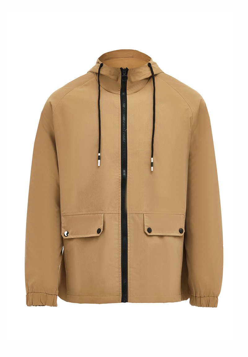 Tan lightweight jacket with hood, featuring black zipper, two front pockets, and elastic cuffs for a snug fit. Smooth texture and minimalist design.