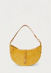 Yellow suede handbag with a curved silhouette, elongated strap, and a flat closure featuring a metal accent. Smooth texture with minimal stitching.