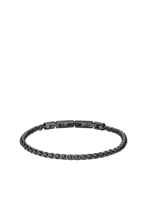 Bracciale a catena in acciaio inossidabile nero con un design a maglie intrecciate e una chiusura rettangolare.