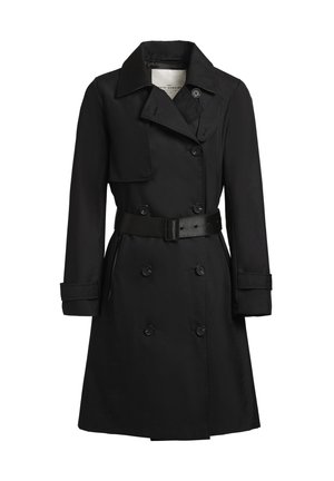 Abrigo trinchera negro de doble botonadura con cintura ceñida, amplias solapas, cierre frontal con botones y mangas ajustadas, fabricado con un tejido suave.