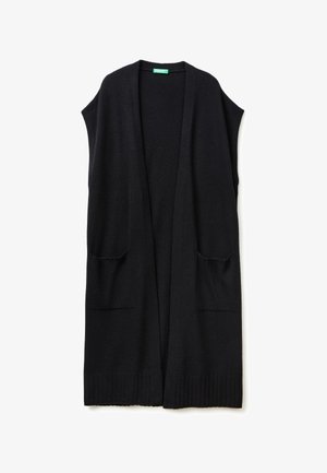 Cardigan senza maniche nero realizzato in morbido tessuto lavorato a maglia. Caratterizzato da un'apertura frontale, due tasche anteriori e orlo a coste per un tocco di texture in più.