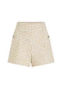 Shorts en pied-de-poule beige et crème avec un tissu texturé, dotés de poches latérales et d'accents argentés sur les bords des poches.