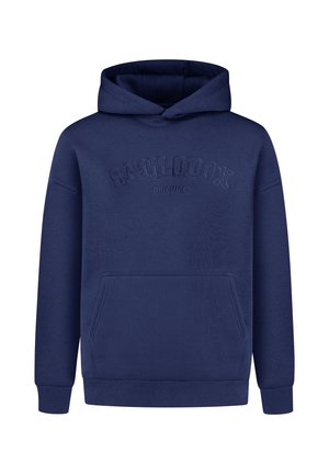 Marineblaues Kapuzensweatshirt mit einer Kängurutasche, strukturiertem Logo "SMILODOX ORIGINALS" auf der Vorderseite gestickt und gerippten Bündchen.