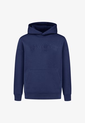 Marineblaues Kapuzensweatshirt mit einer Kängurutasche, strukturiertem Logo "SMILODOX ORIGINALS" auf der Vorderseite gestickt und gerippten Bündchen.