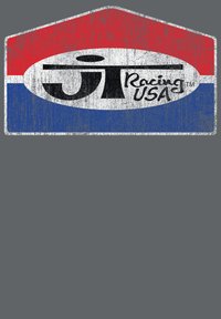Červené a modré logo s bílým oválem, ve kterém je černý nápis "JT Racing USA" a stylizovaný design "JT" s texturou v opotřebovaném vzhledu.