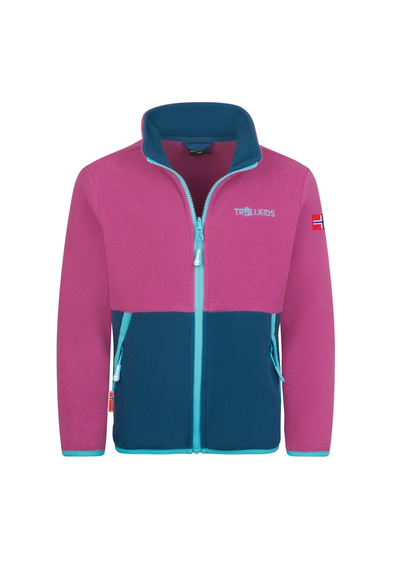 Fleecejacke mit pinkem oberen Bereich und dunkelorangefarbenem unteren Abschnitt, ausgestattet mit einem durchgehenden Reißverschluss, hohem Kragen, türkisfarbenen Akzenten und einem norwegischen Flaggen-Patch.