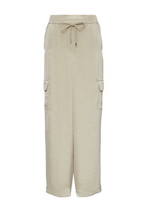 Pantalons cargo beige avec une taille élastique et un cordon de serrage réglable. Comprend deux poches latérales et un tissu doux et texturé.
